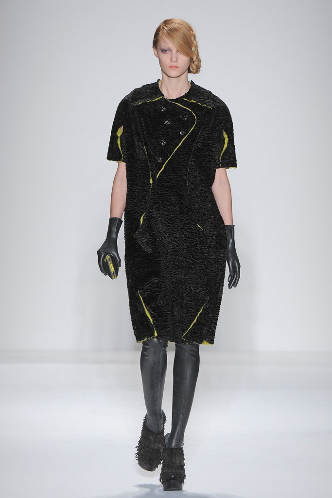 black fur midi dress with gloves