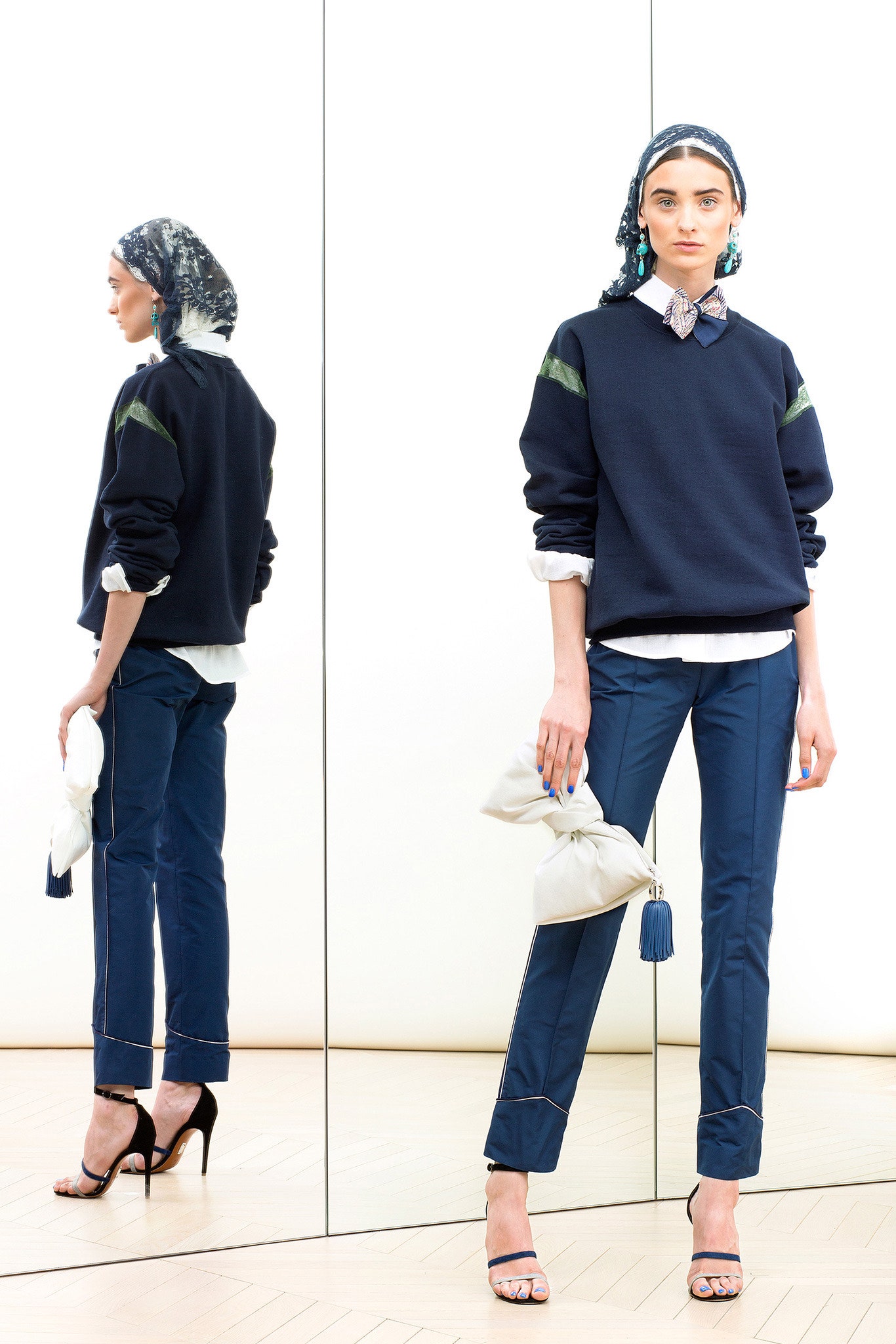 navy relaxed sweater with white shirt