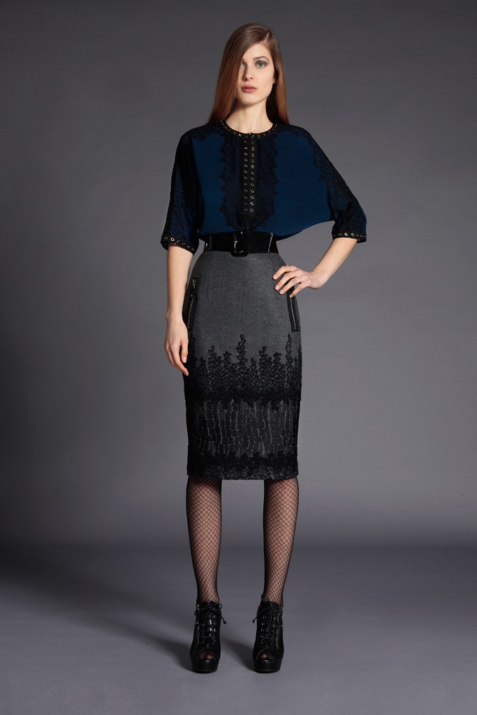 blue silk short-sleeve collared relaxed embroidered blouse