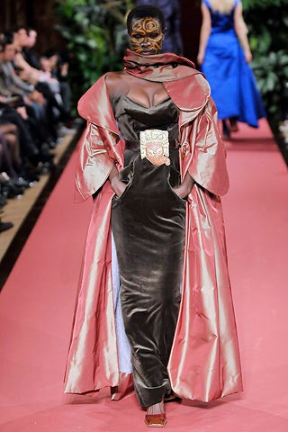 brown velvet fitted gown with pink silk cape
