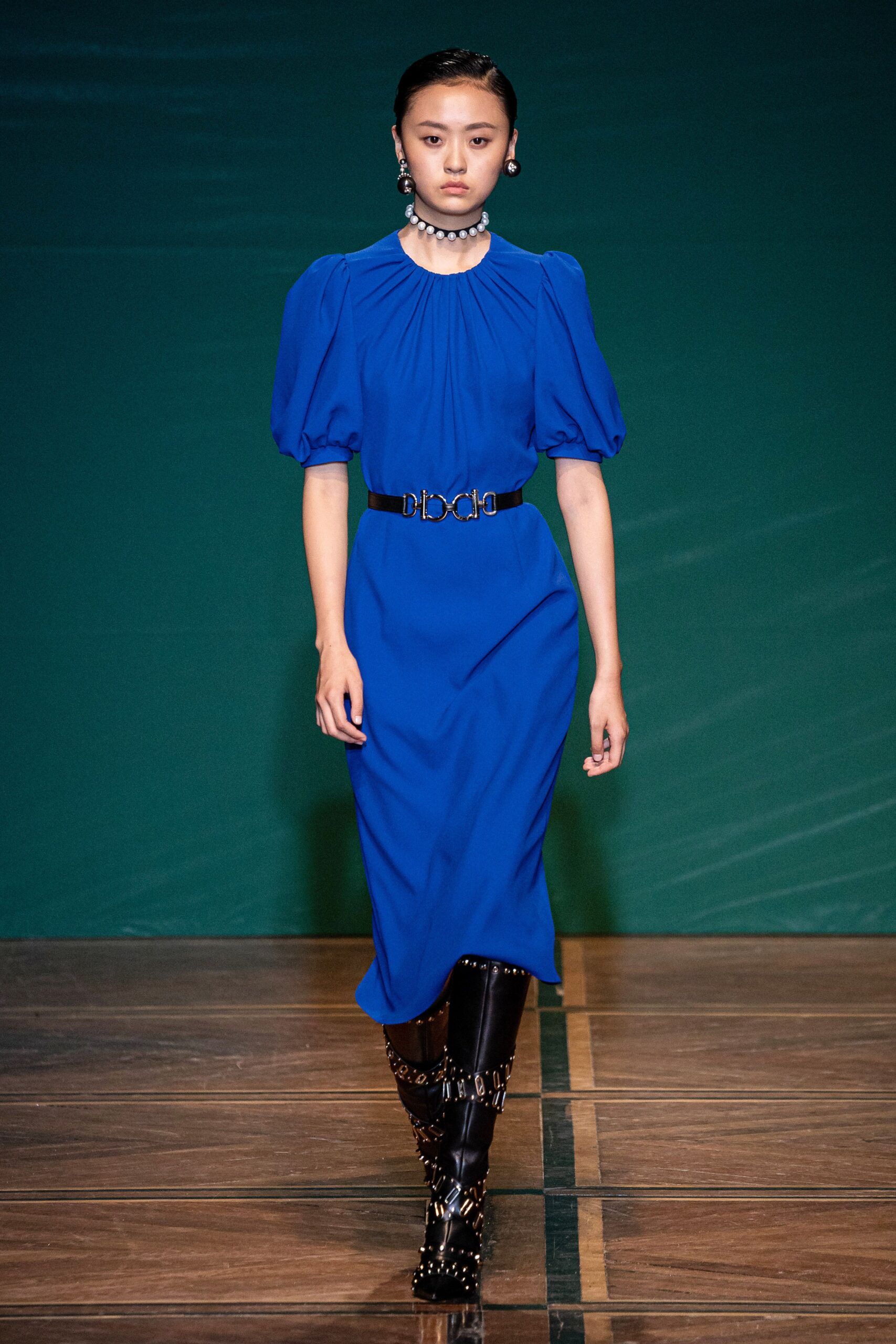 blue silk midi dress with belt