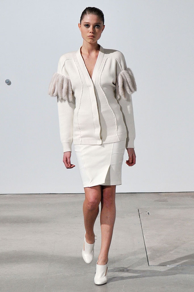 white fitted cardigan and skirt