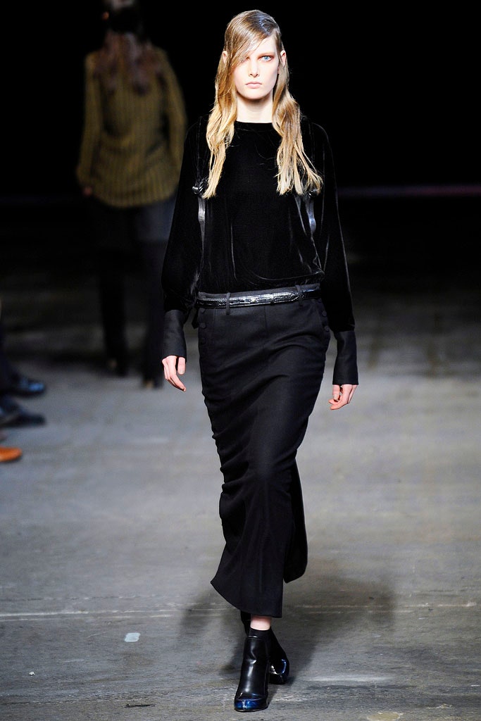 black velvet top and midi skirt