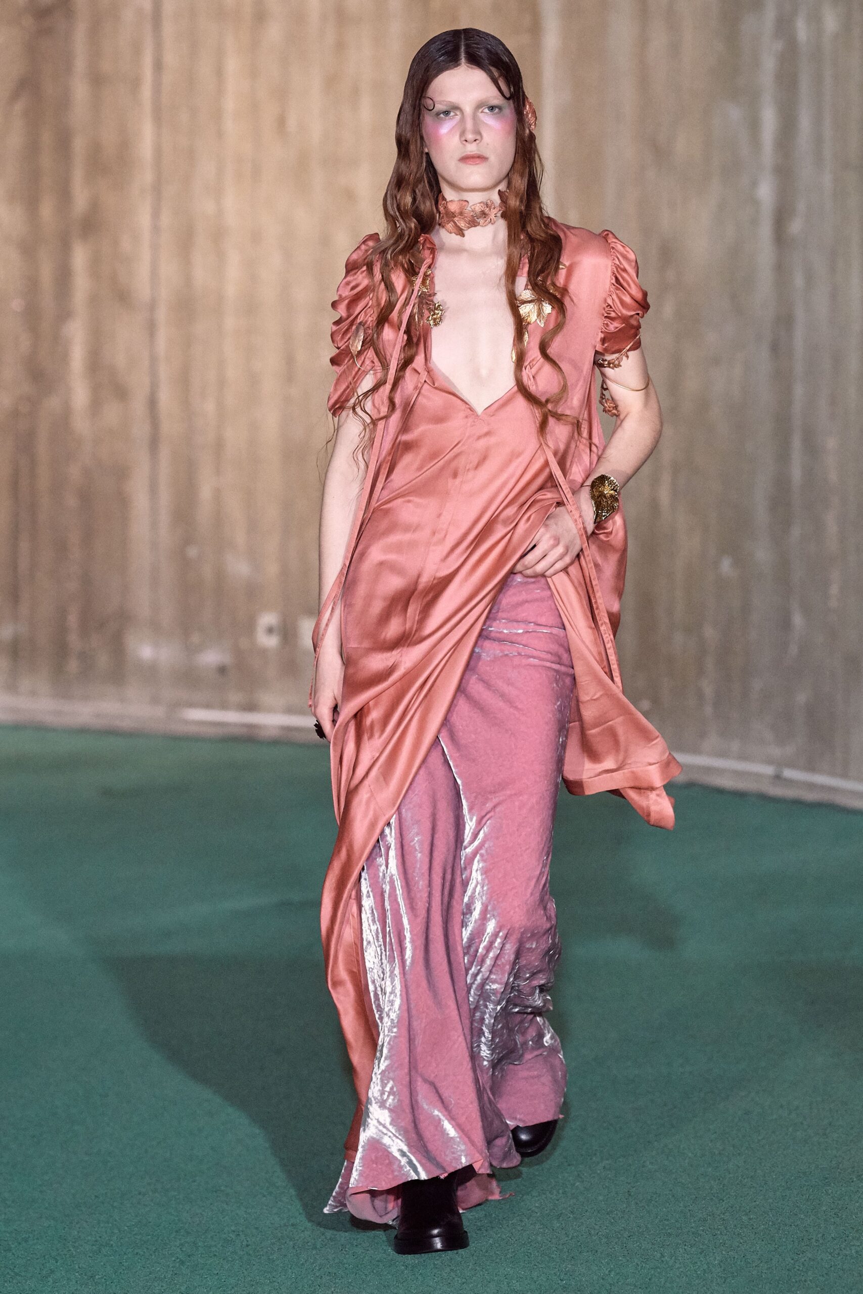 pink silk ruffled gown