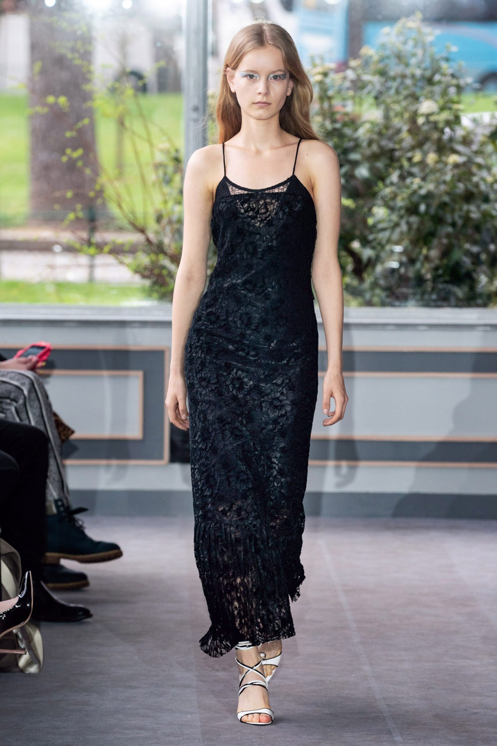 fitted black lace maxi dress