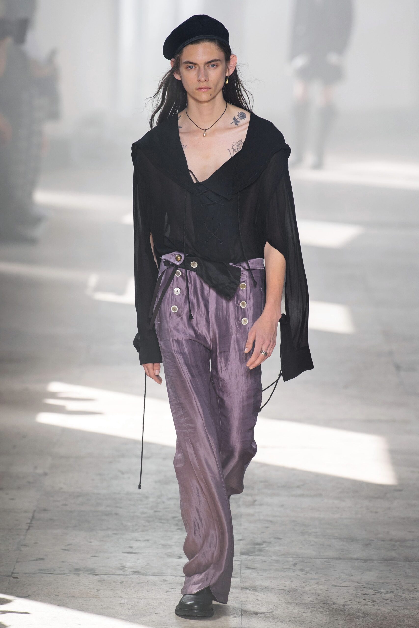 purple silk fitted straight-leg buttoned shiny pants