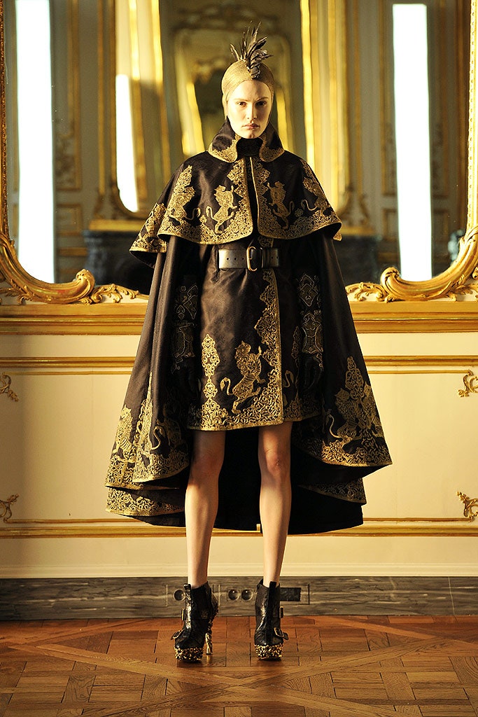 black silk long-sleeve collared structured embroidered layered cape