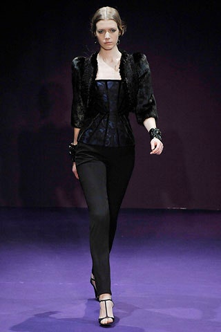 black faux-fur jacket with blue top