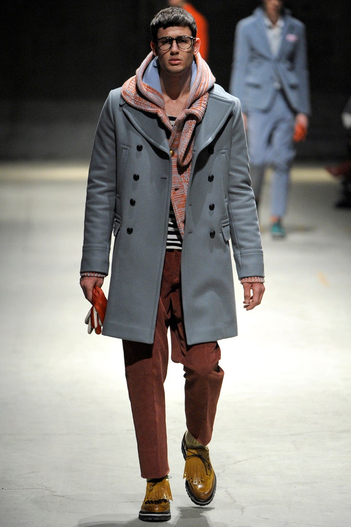 blue wool coat with gray hoodie