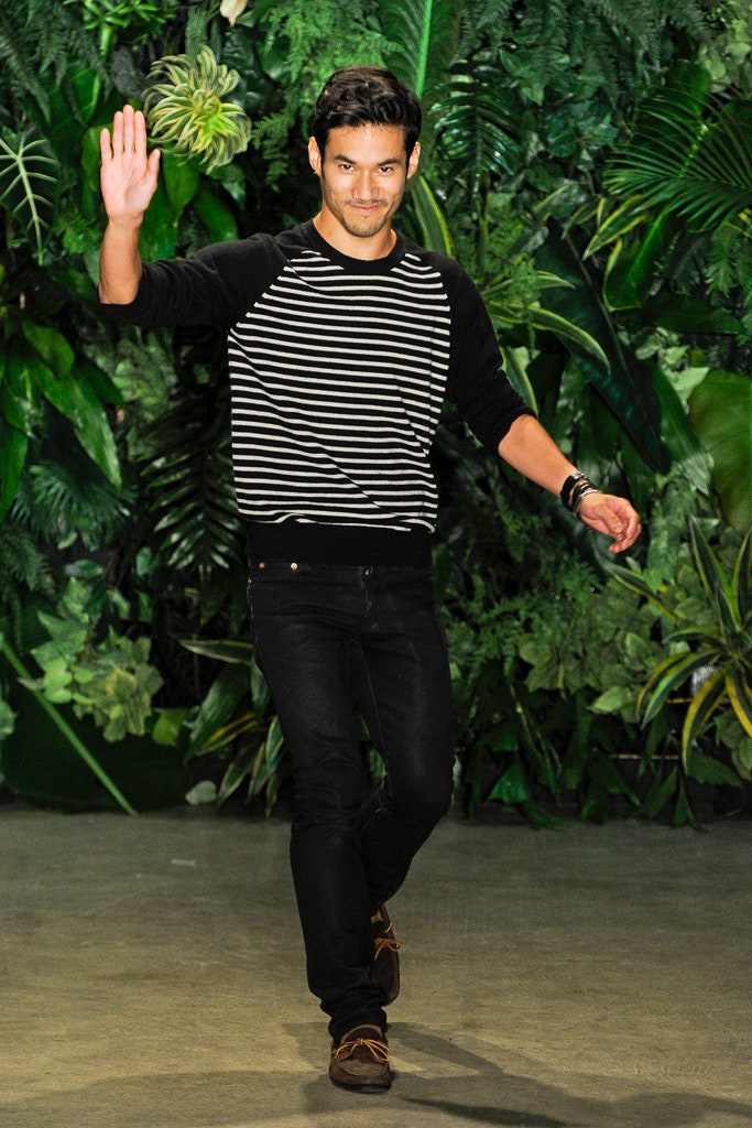 black and white striped top with slim pants