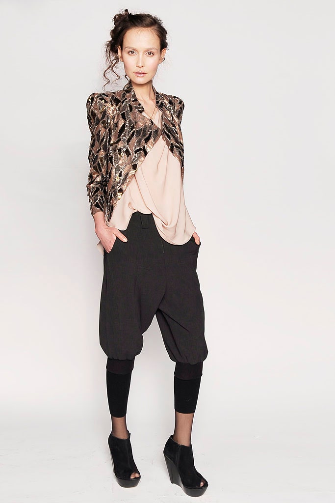 gold embroidered jacket with pink top