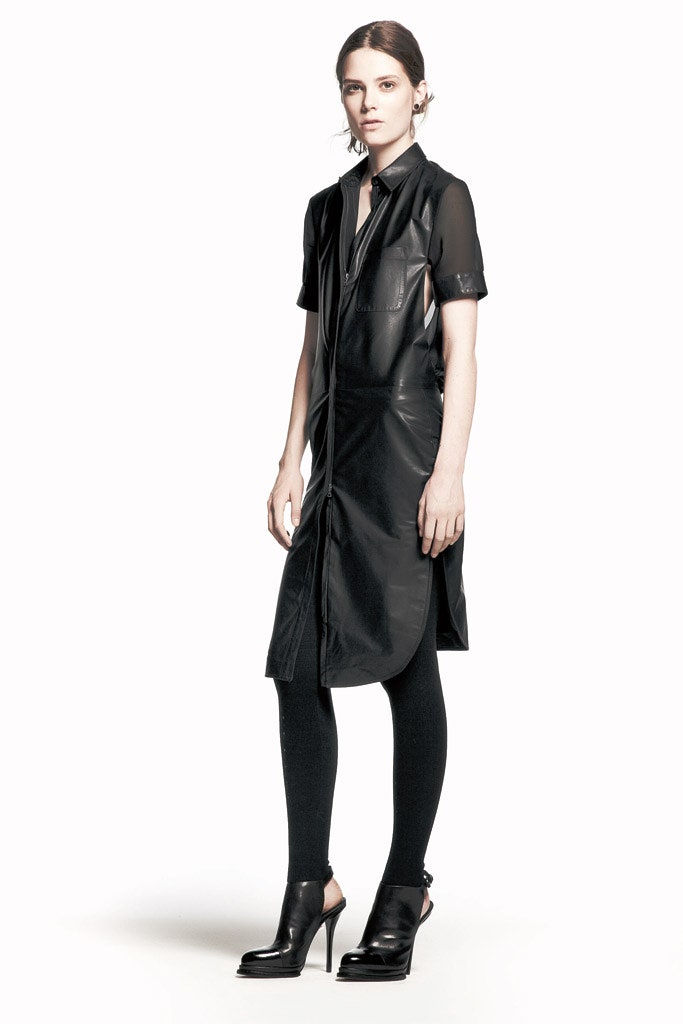 black leather short-sleeve collared fitted zippered straight-leg dress