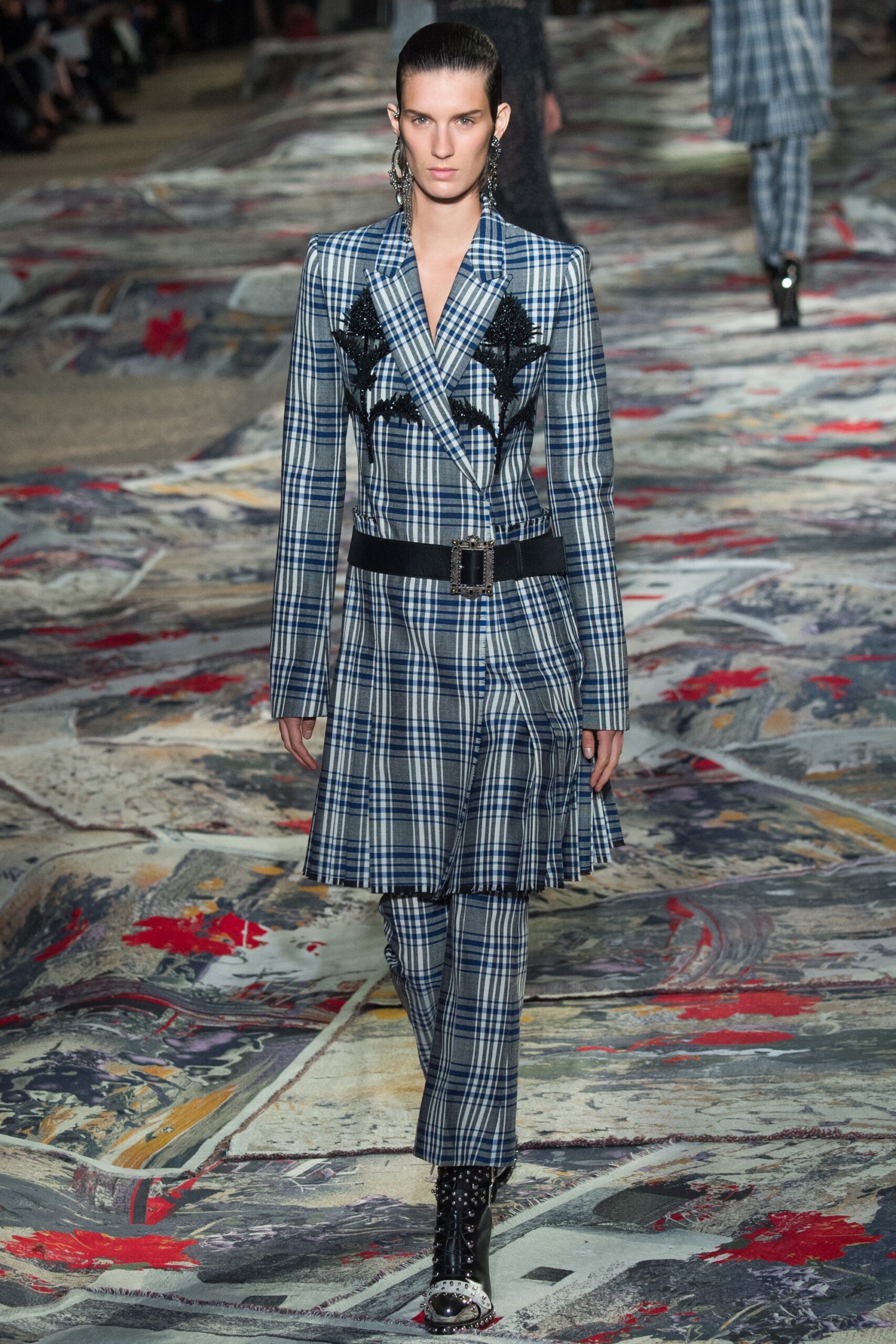 blue plaid midi dress with pants