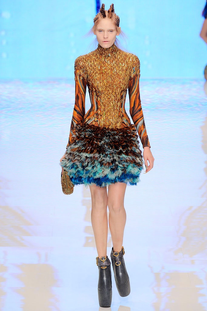 ruffled mini dress with feathers