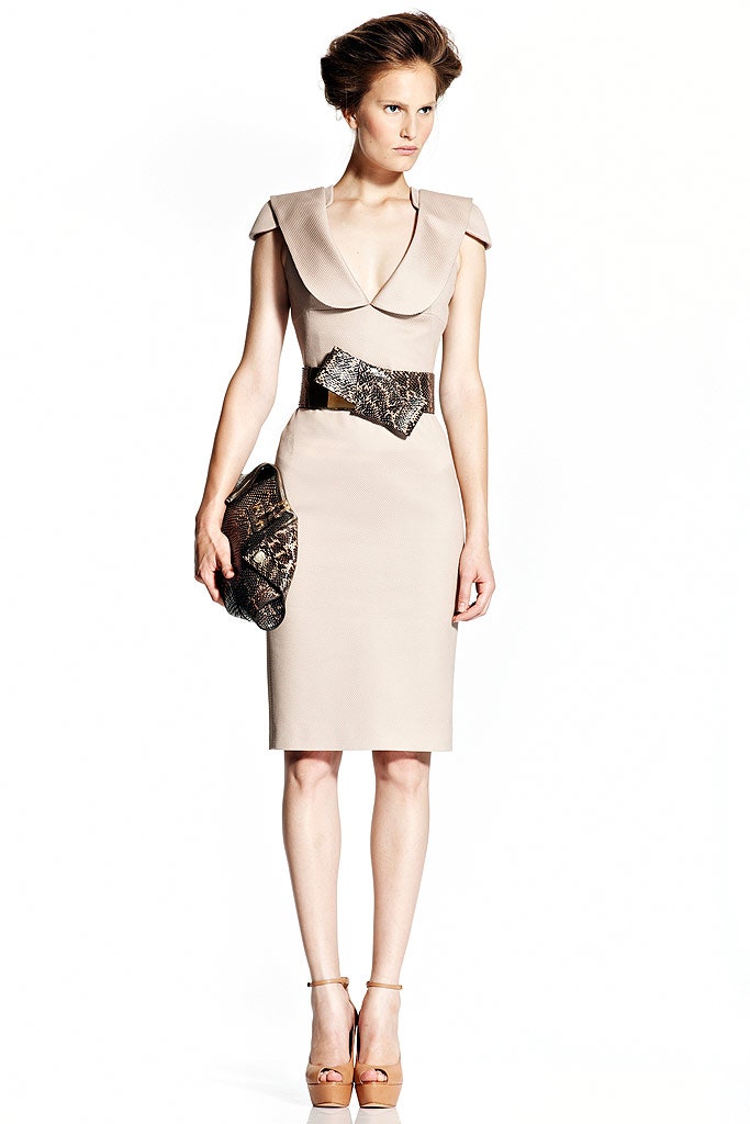 beige fitted midi dress