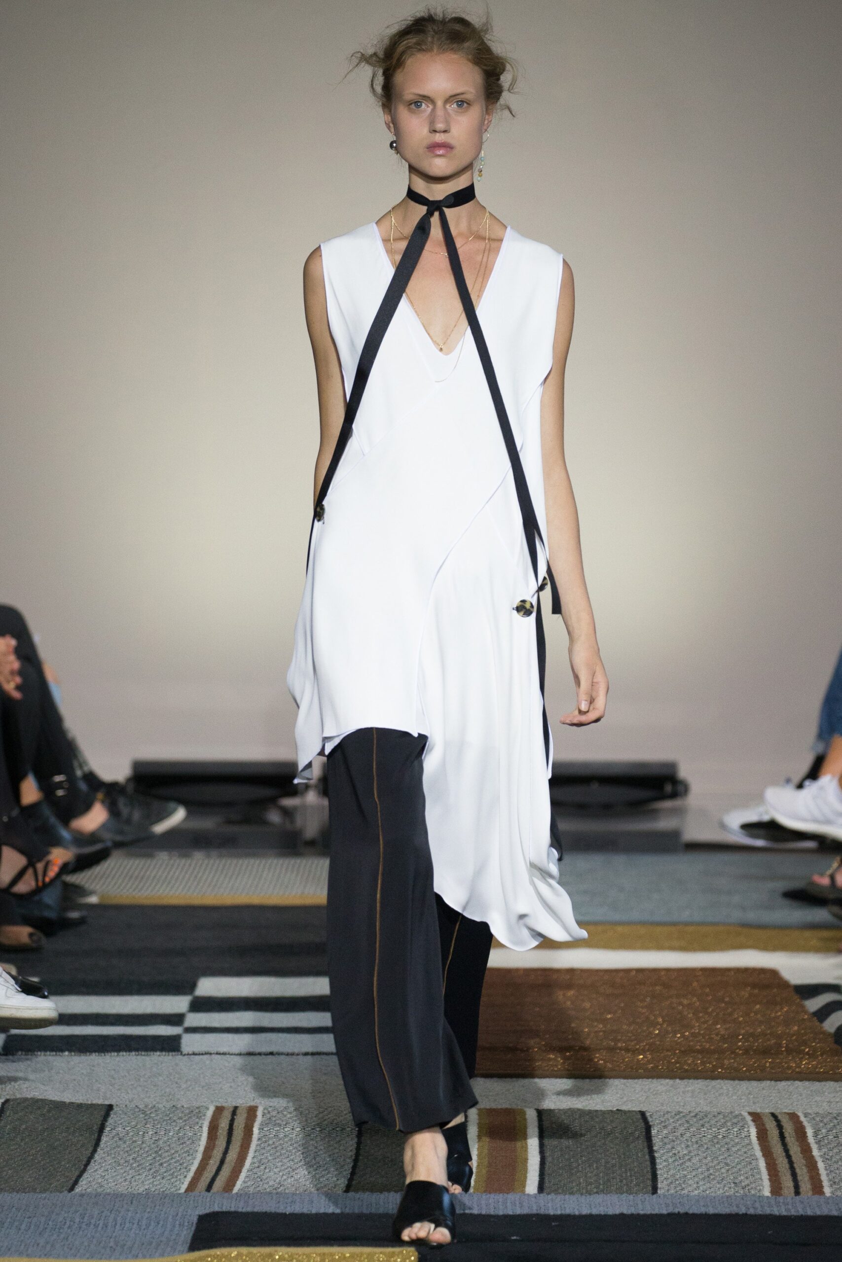 white draped midi dress and black pants