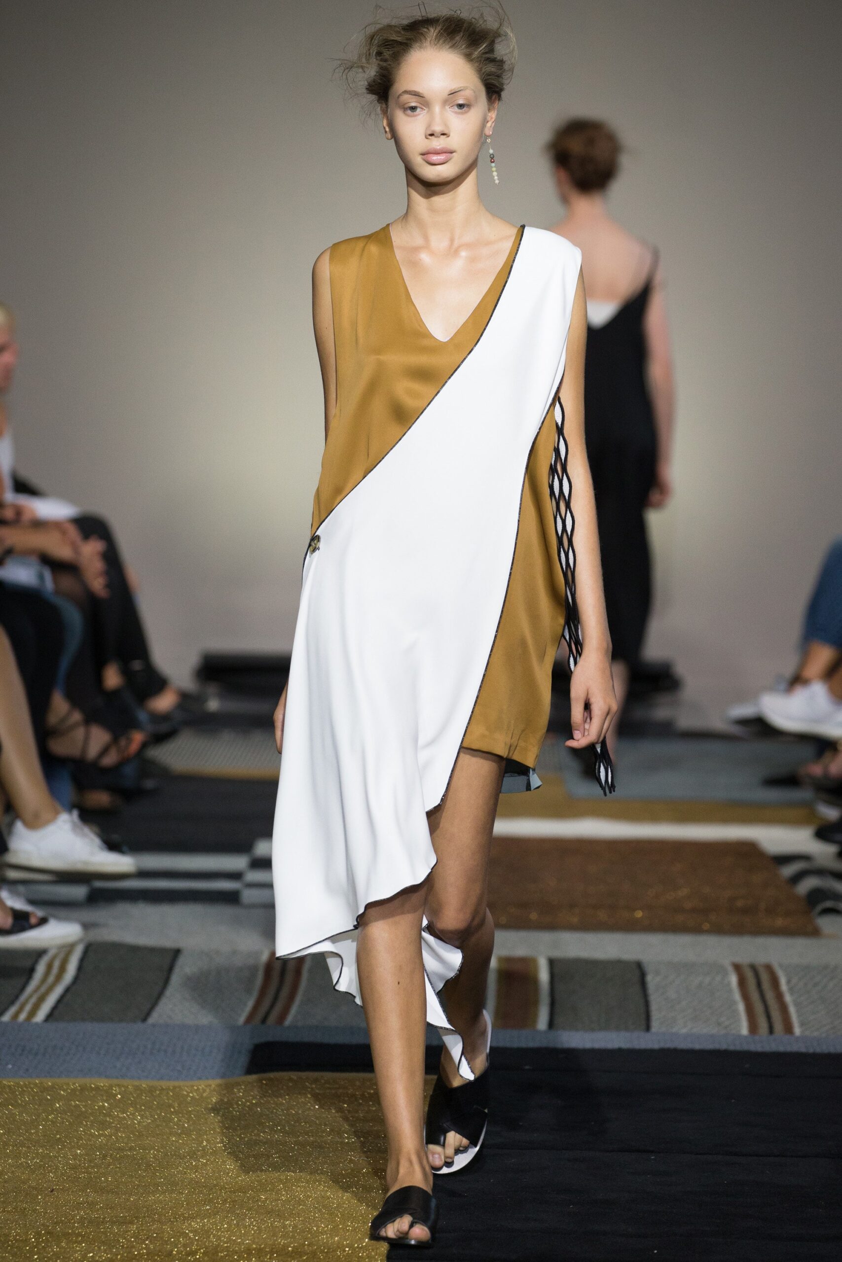 brown and white asymmetric dress