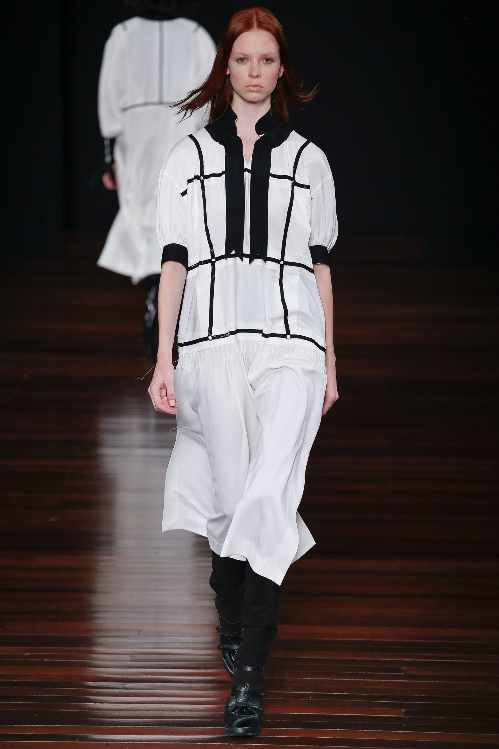 white and black pleated midi dress