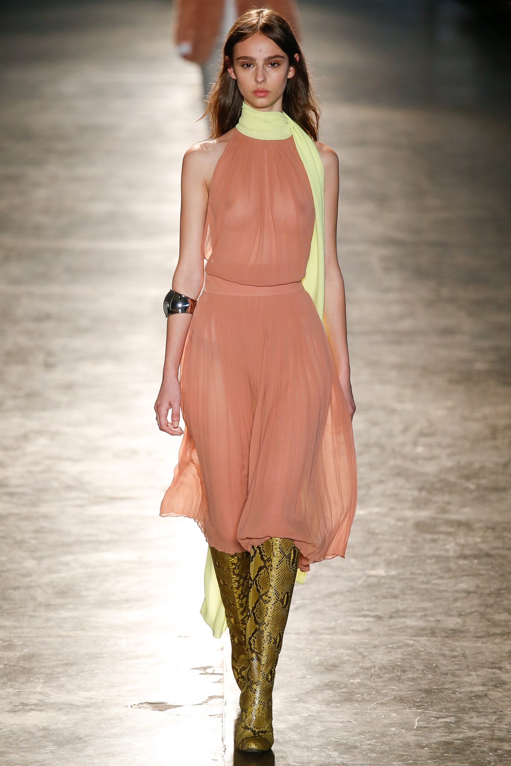 peach chiffon pleated dress with gold boots