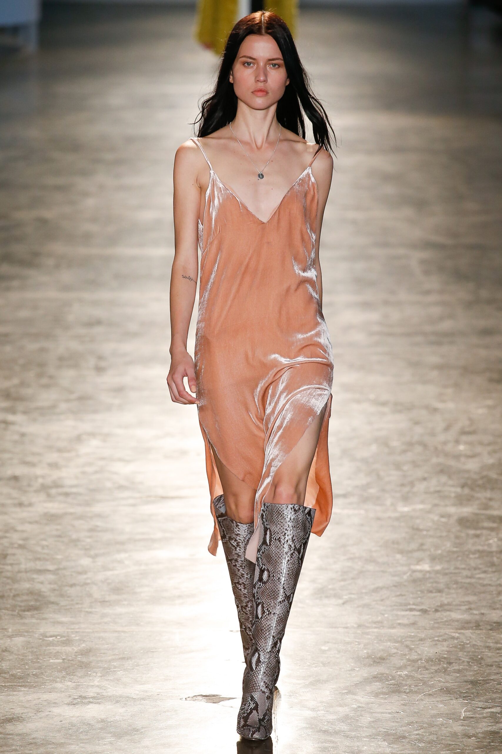 orange silk sleeveless v-neck fitted draped sheer dress