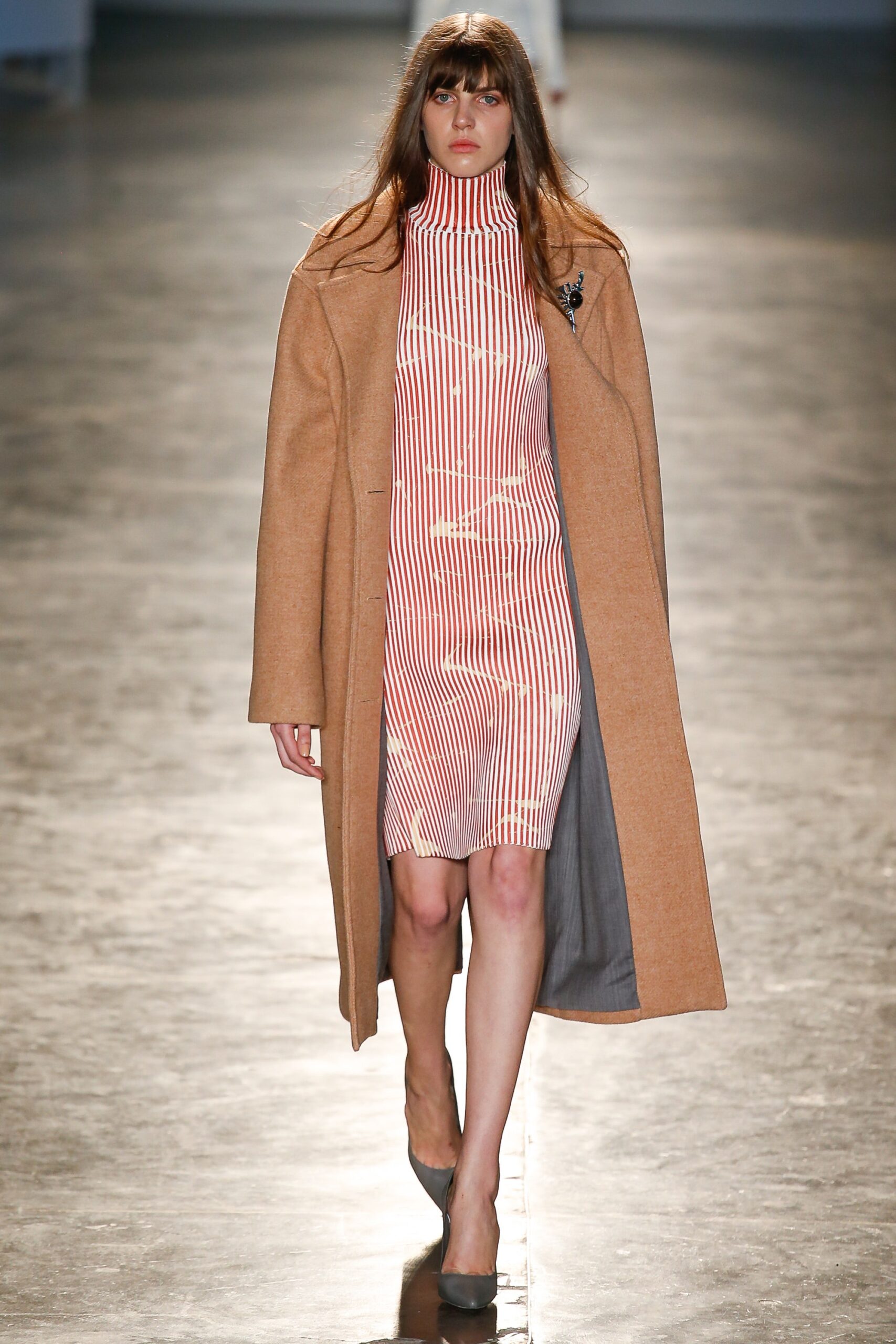beige wool coat and striped dress