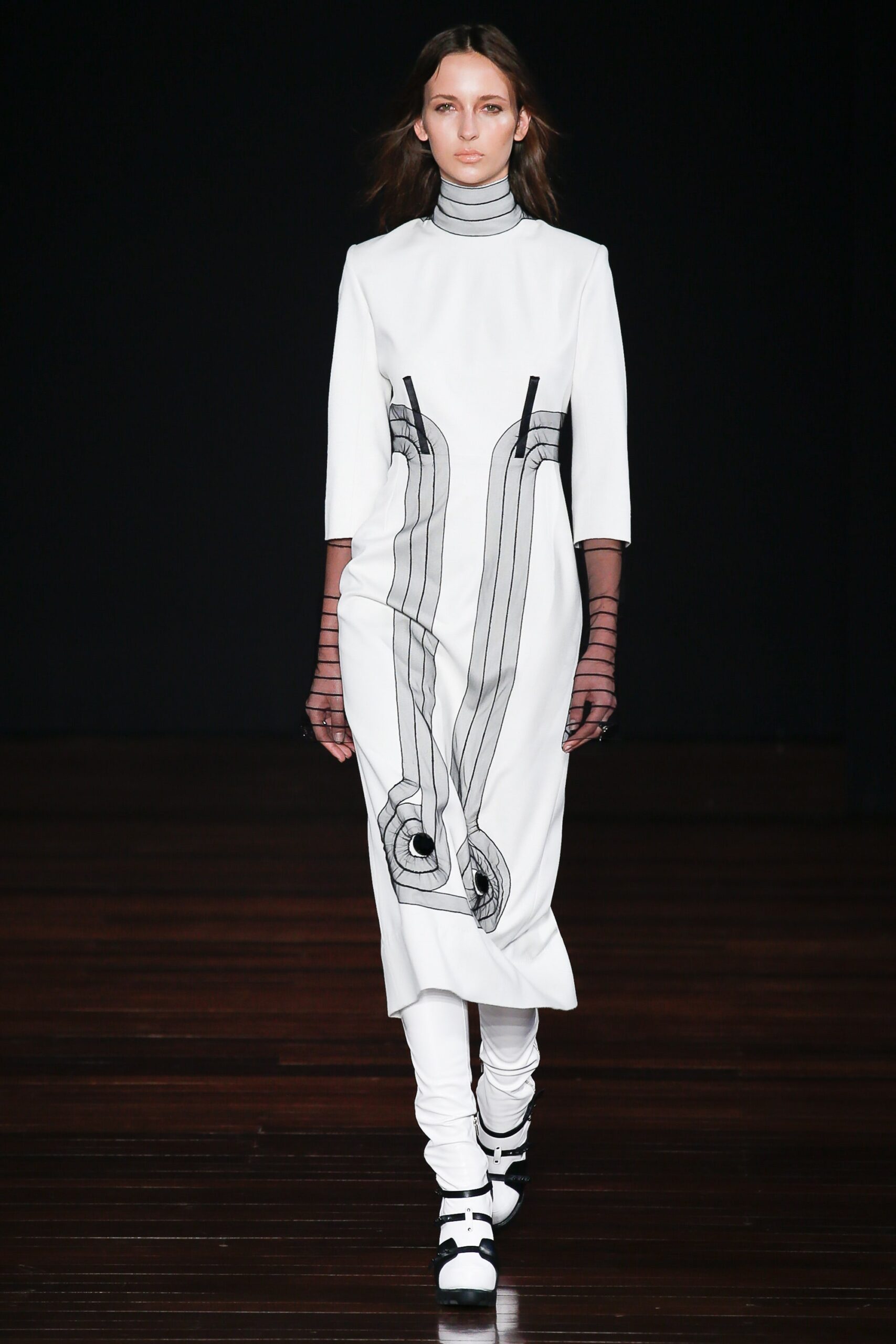 fitted white midi dress with printed design