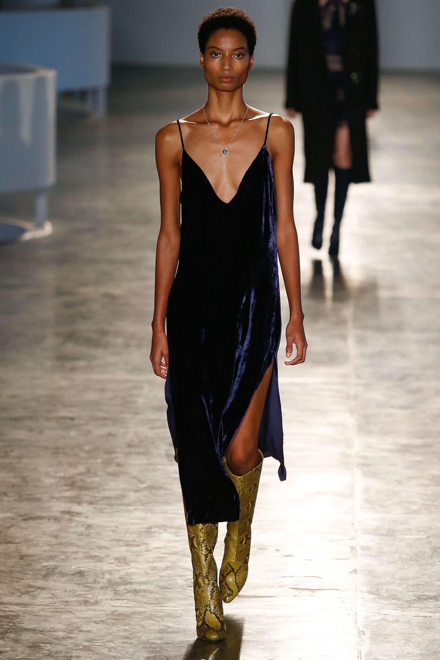 blue velvet midi dress with yellow boots