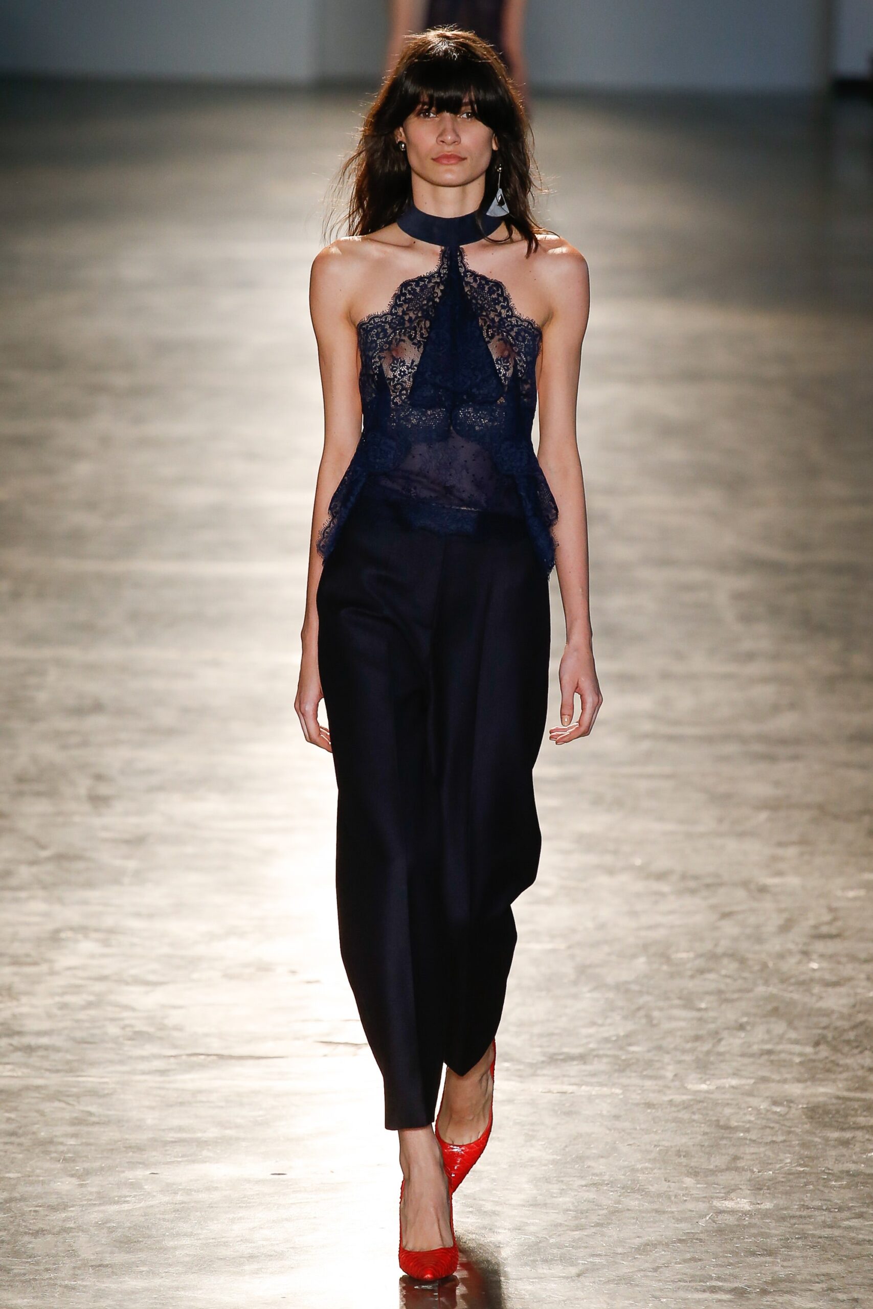 blue lace sleeveless high-neck fitted ruffled top