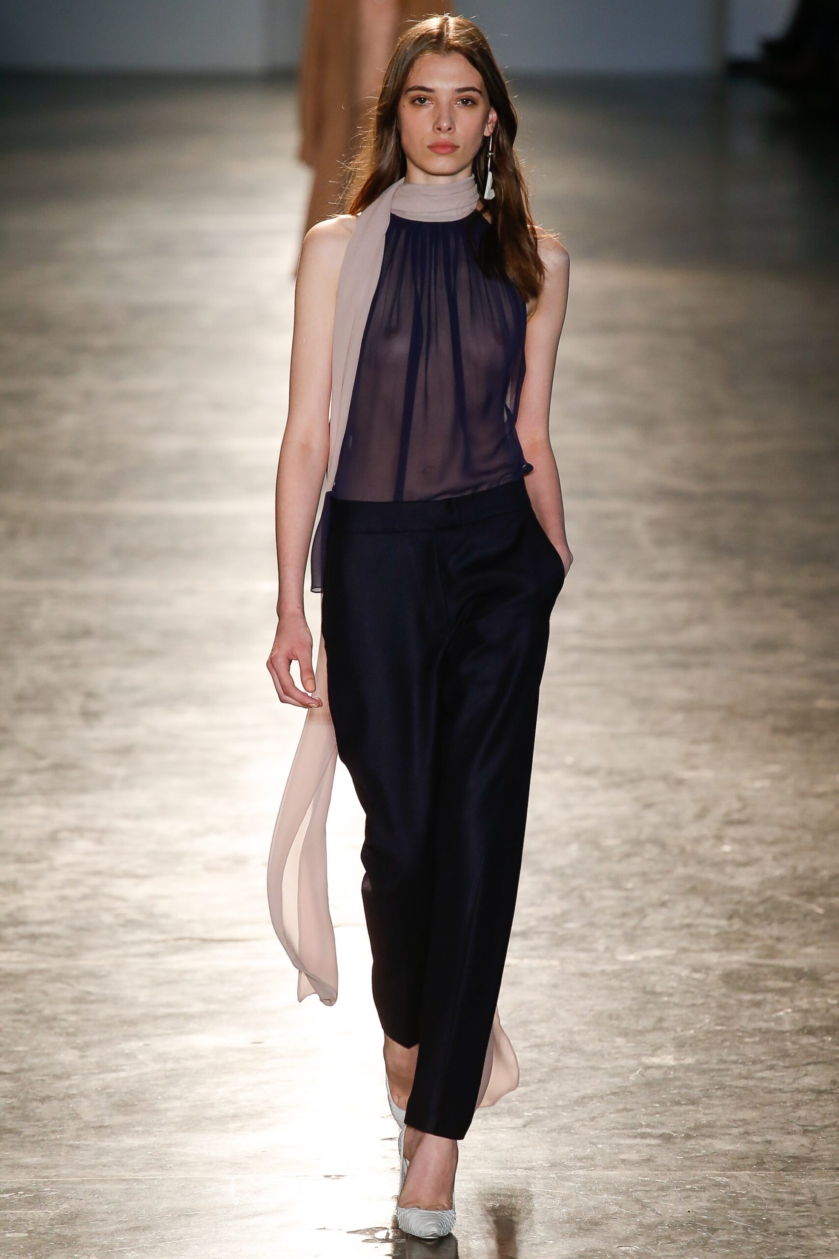 blue silk sleeveless top with tailored pants