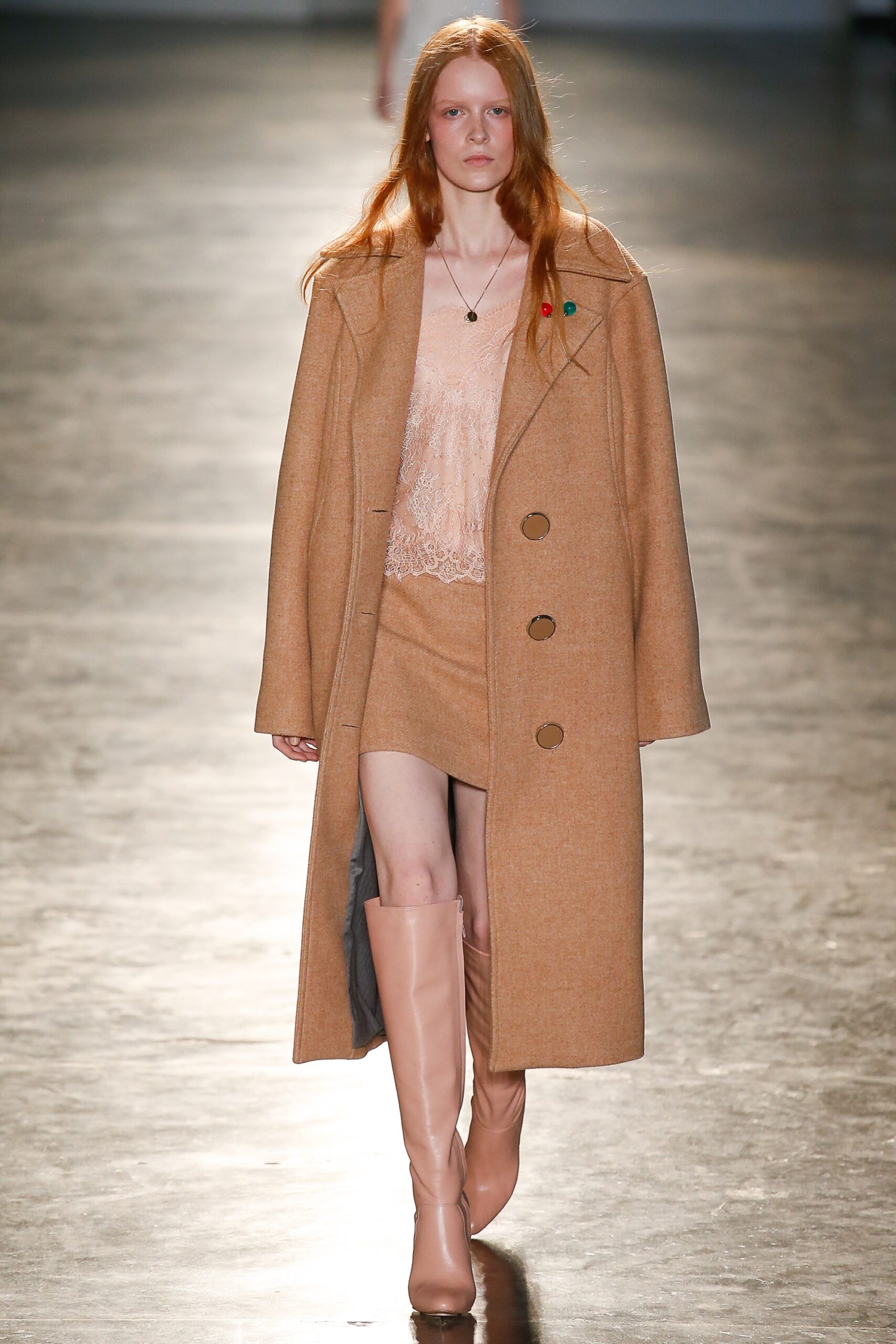 beige wool coat with lace dress
