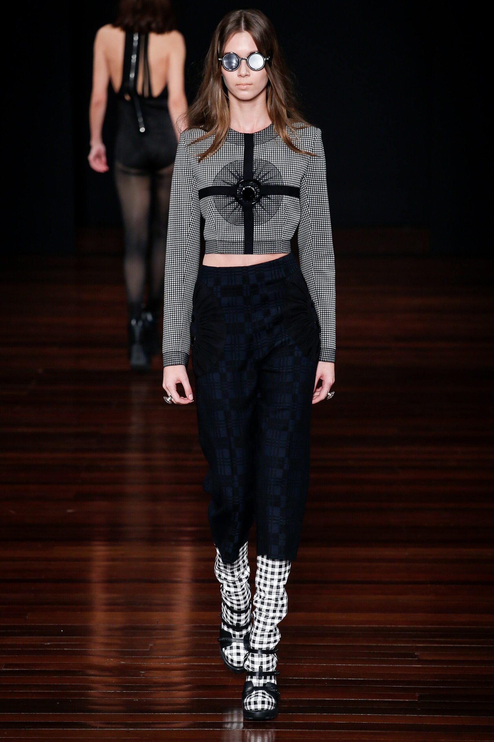 fitted checkered top and relaxed pants