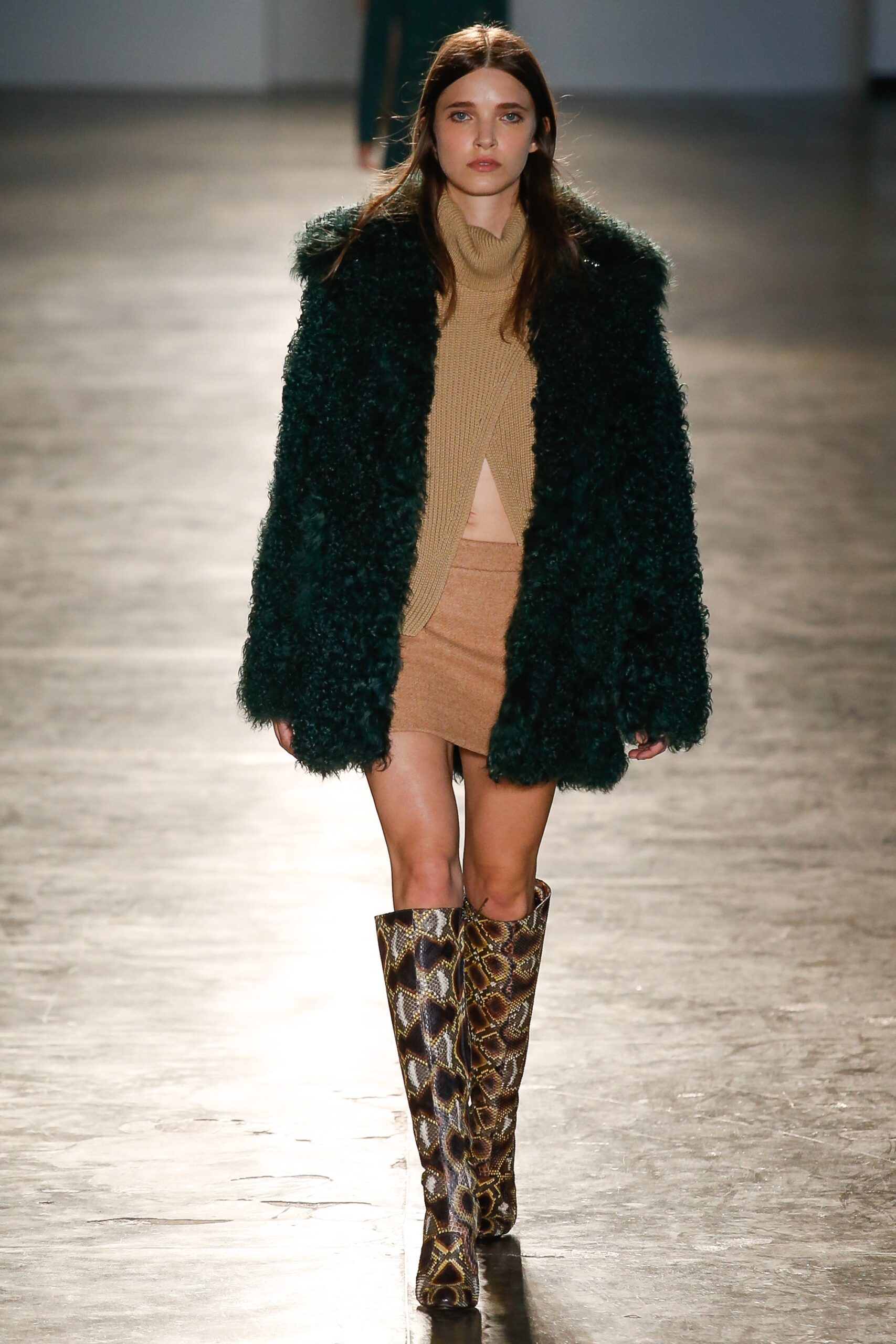 green faux-fur coat with fitted top