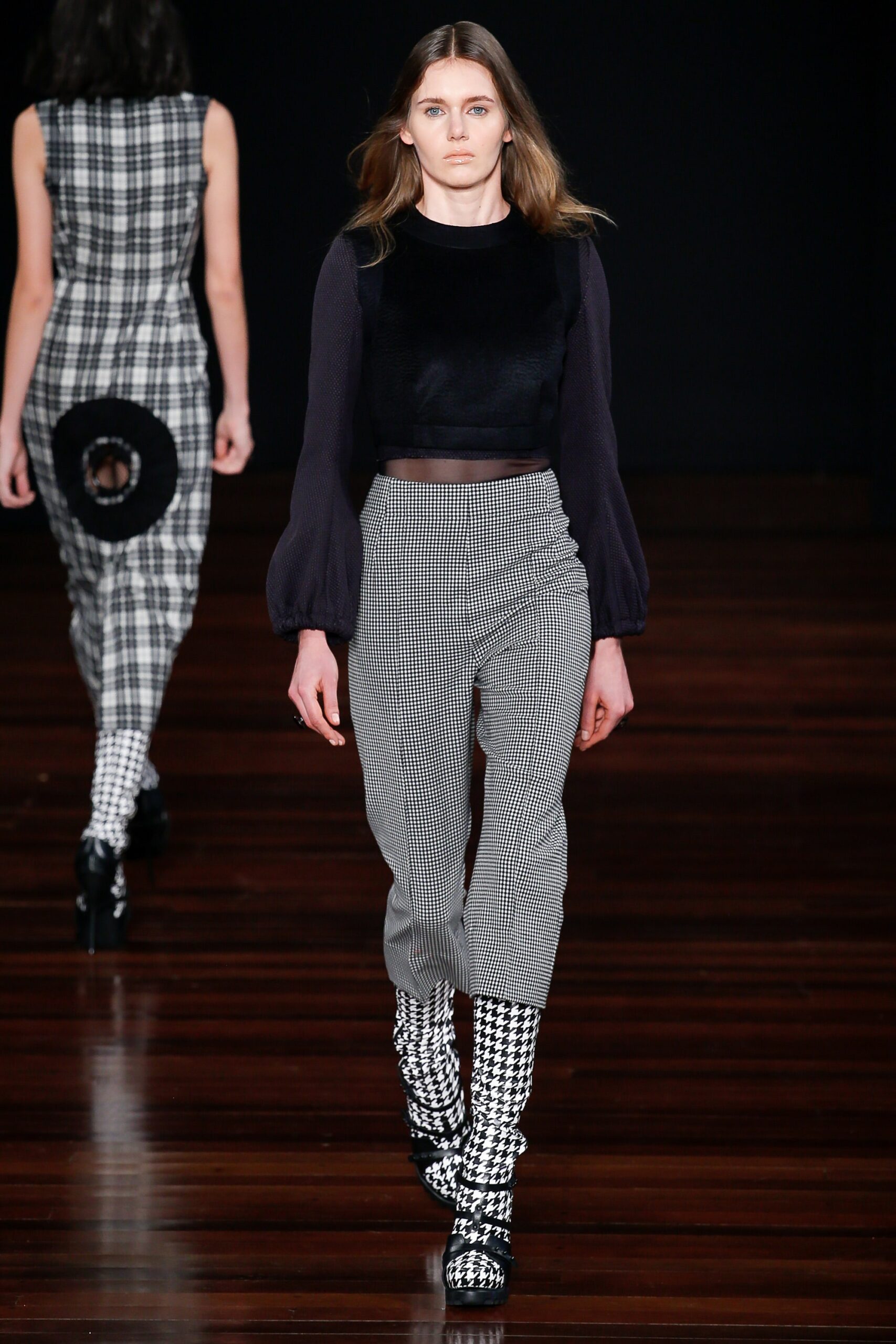 black velvet fitted top with checked pants