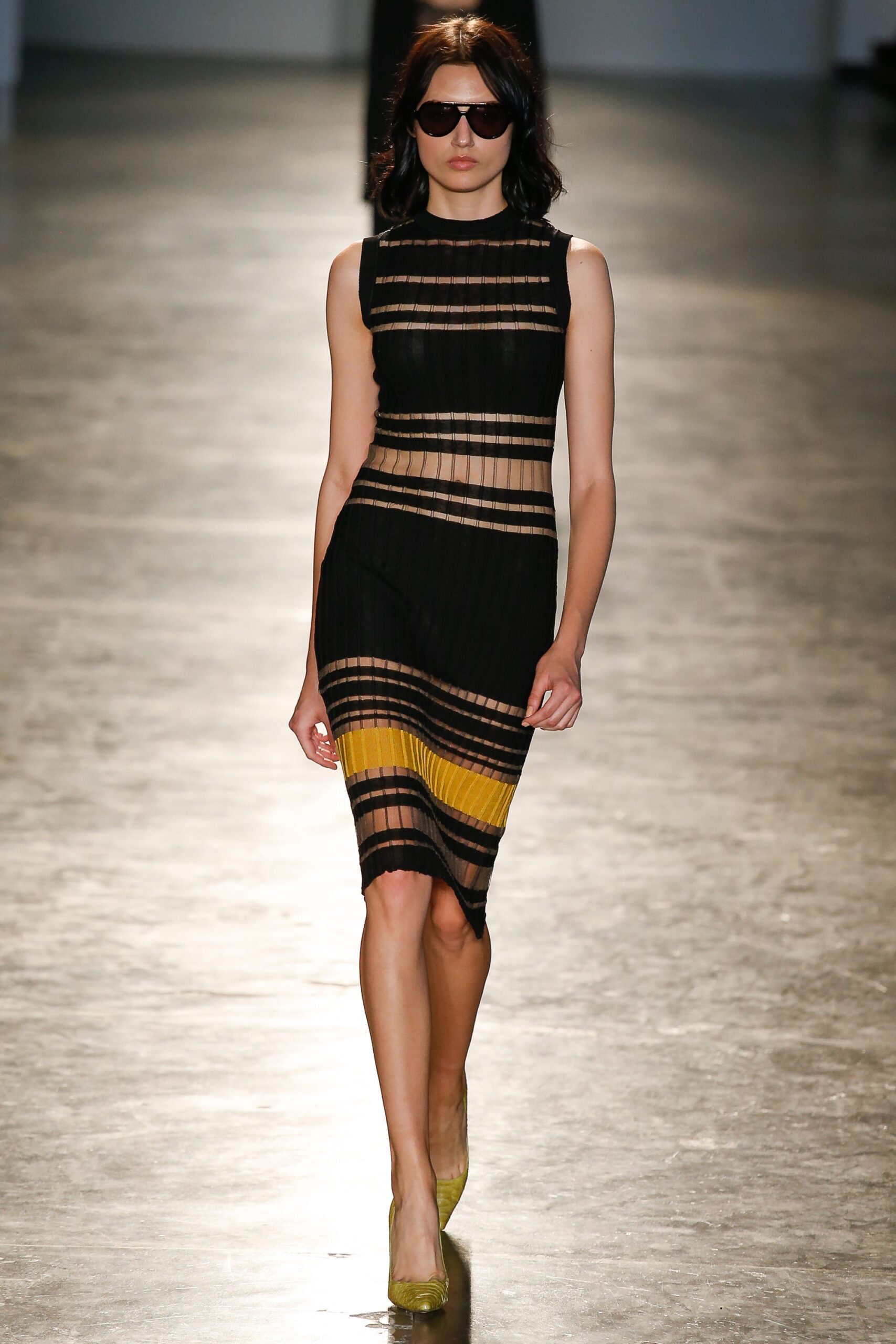 black and yellow striped midi dress
