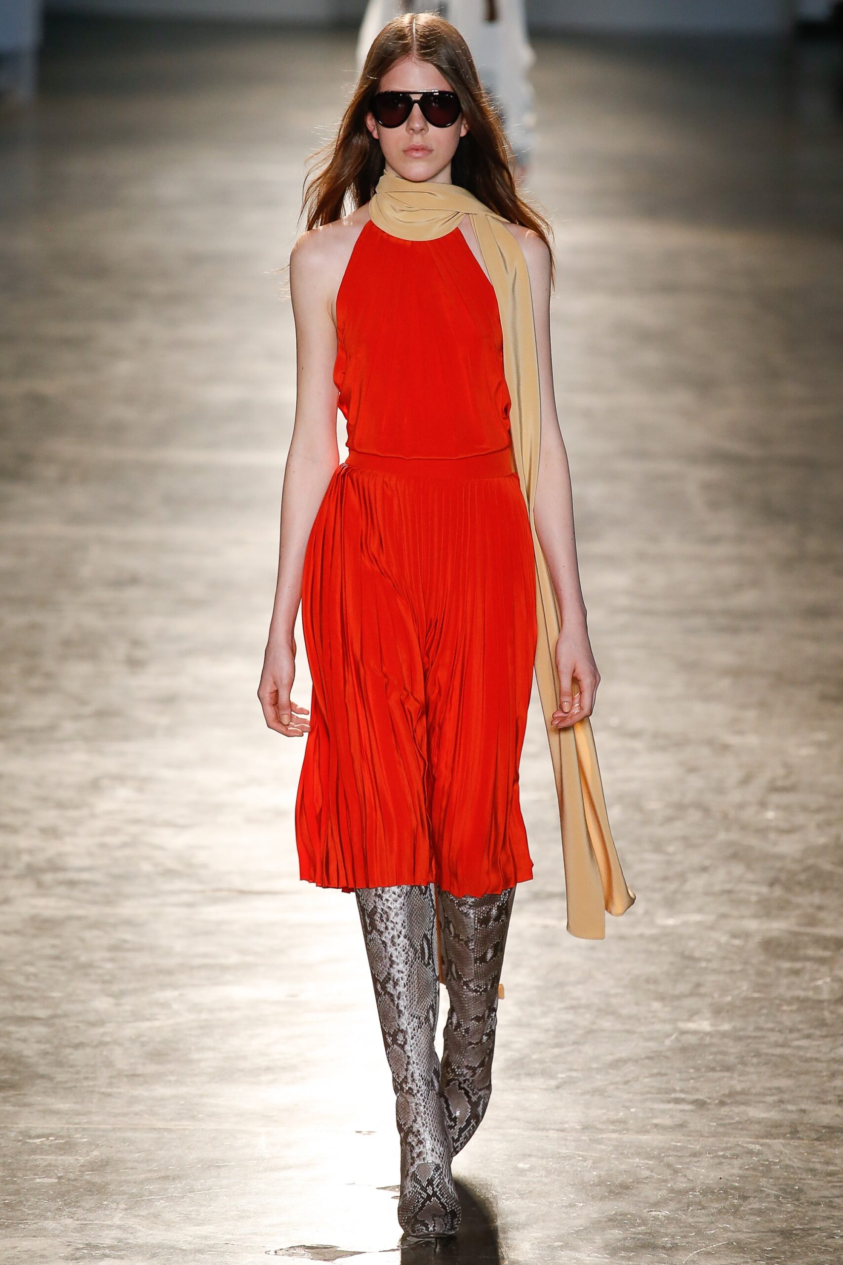 red silk pleated dress with gray pants