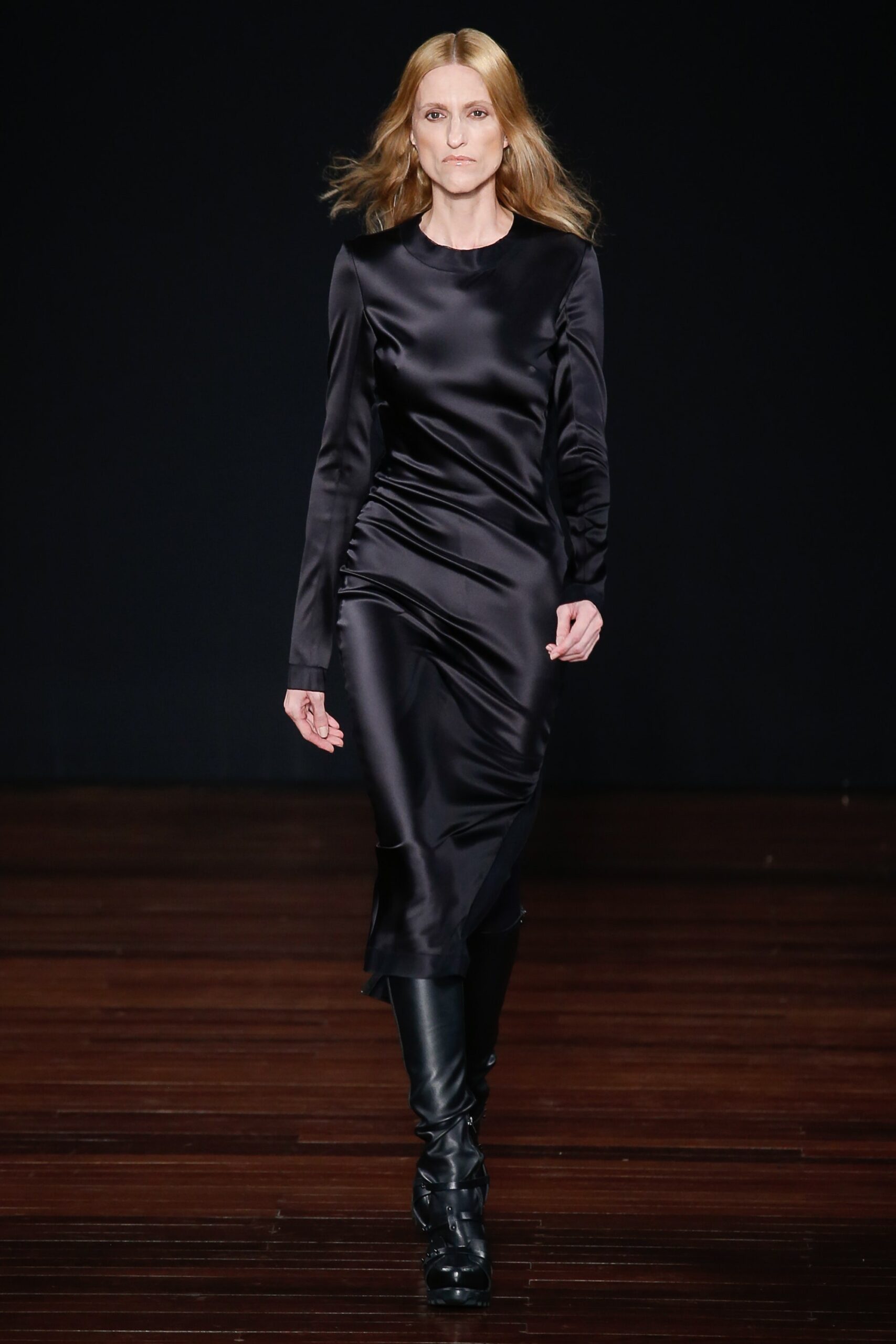 black silk long-sleeve dress
