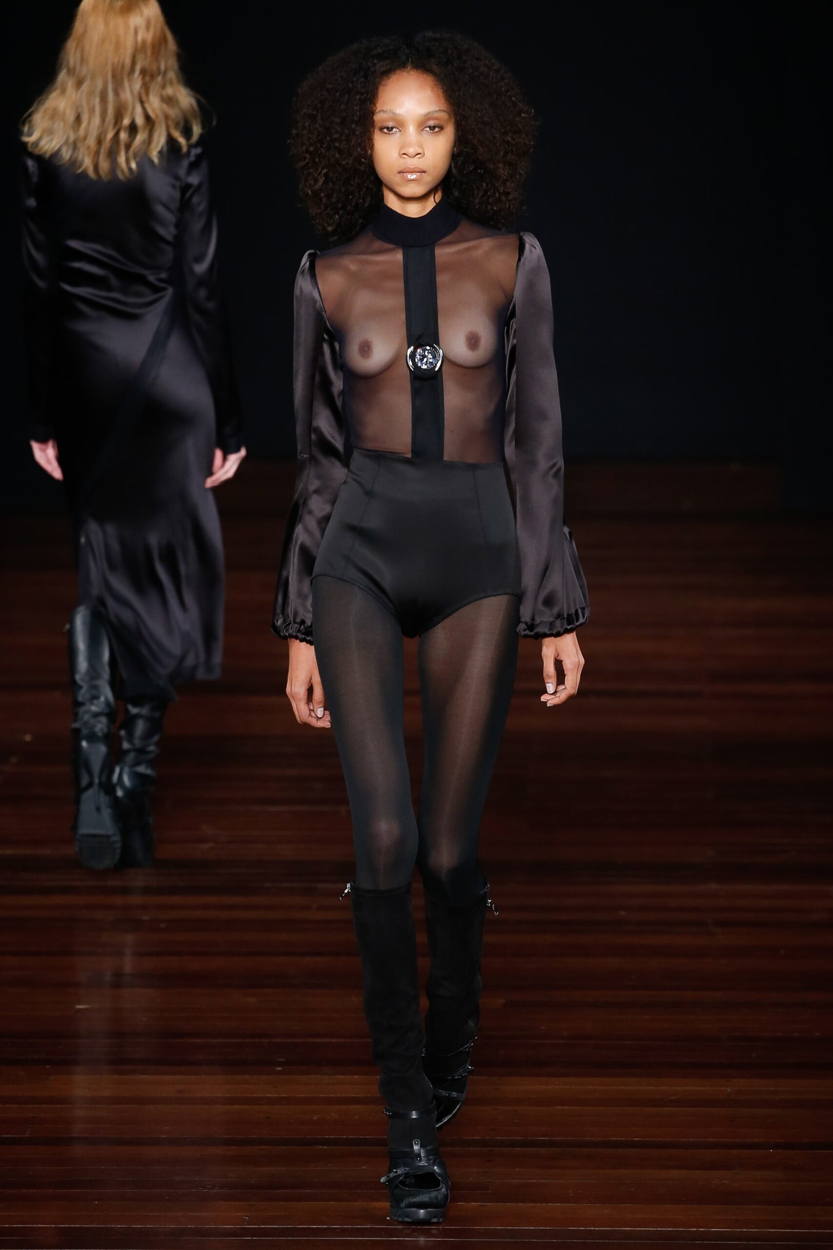 black sheer bodysuit and silk dress