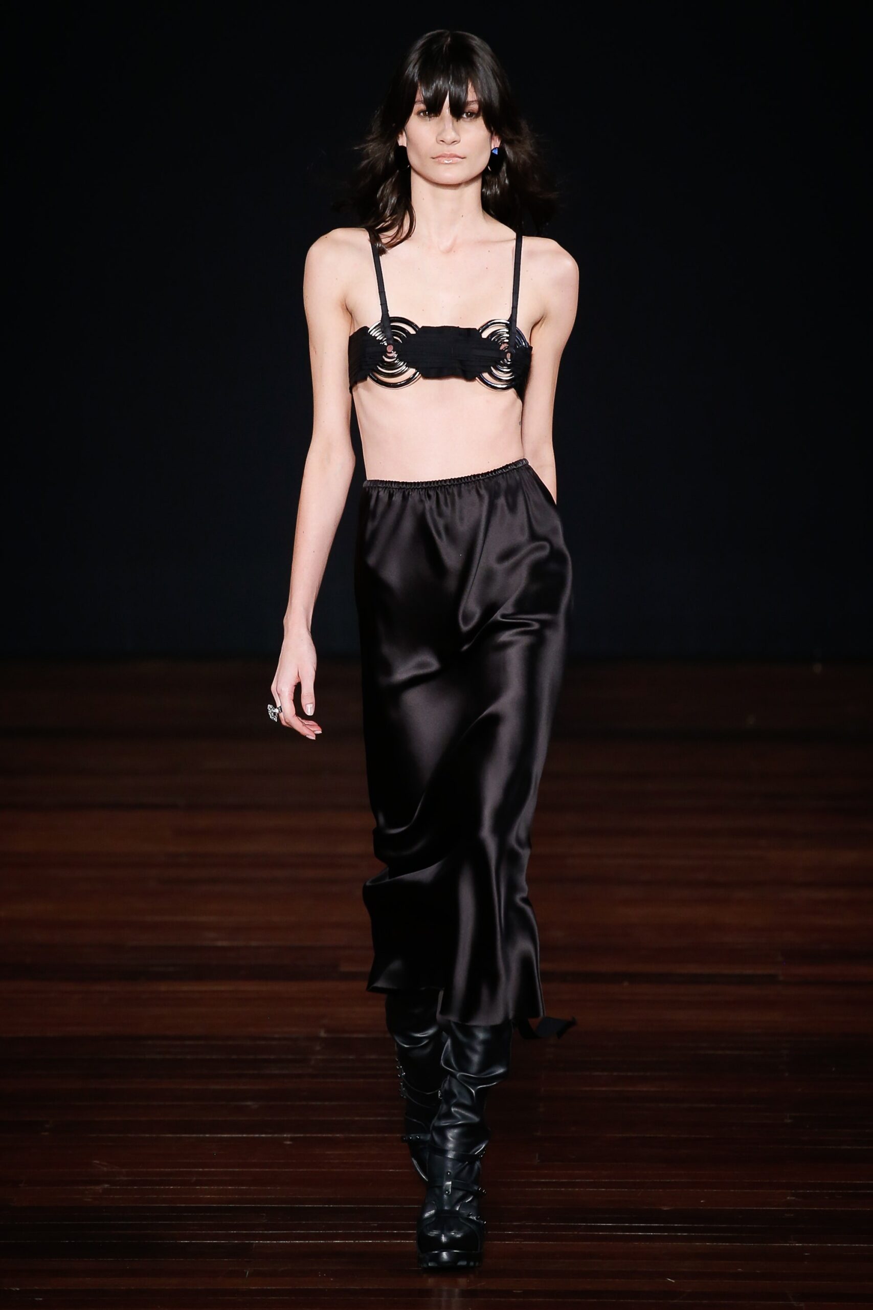 black silk top and midi skirt