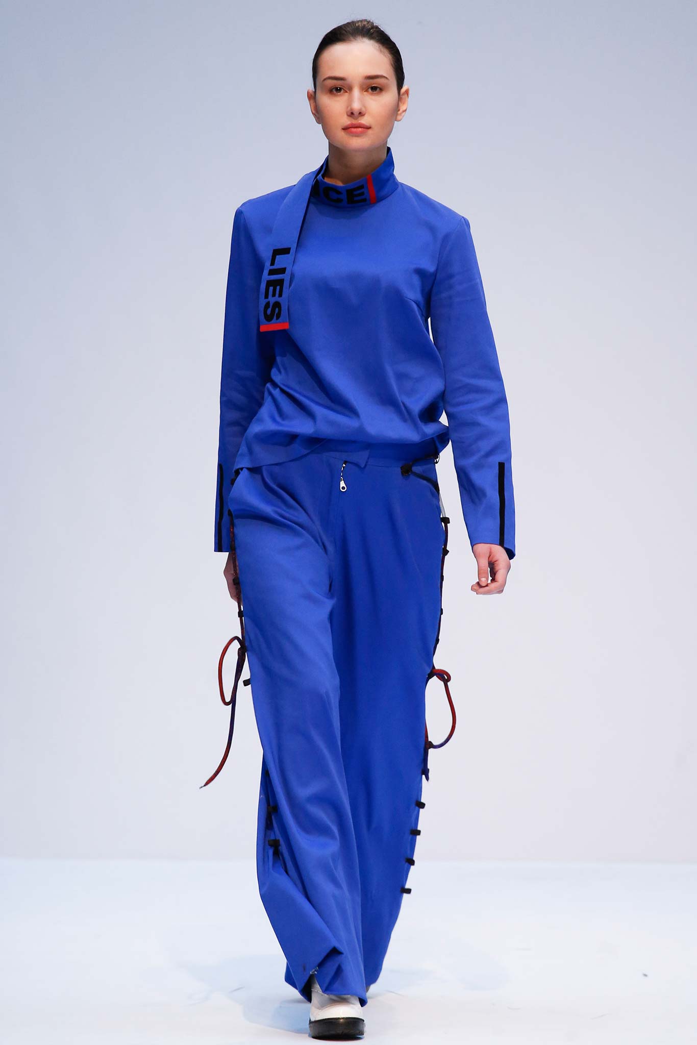 blue fitted top and relaxed pants