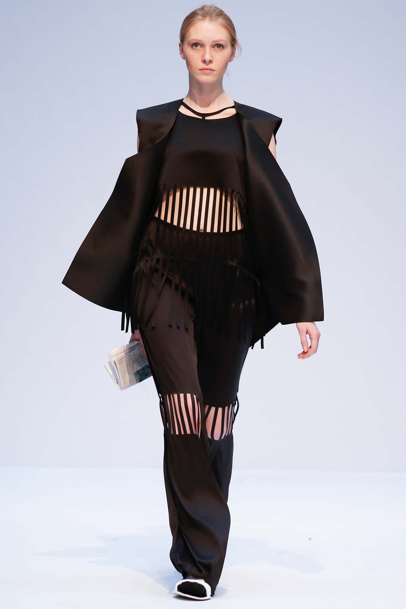 black silk structured jacket with fringes