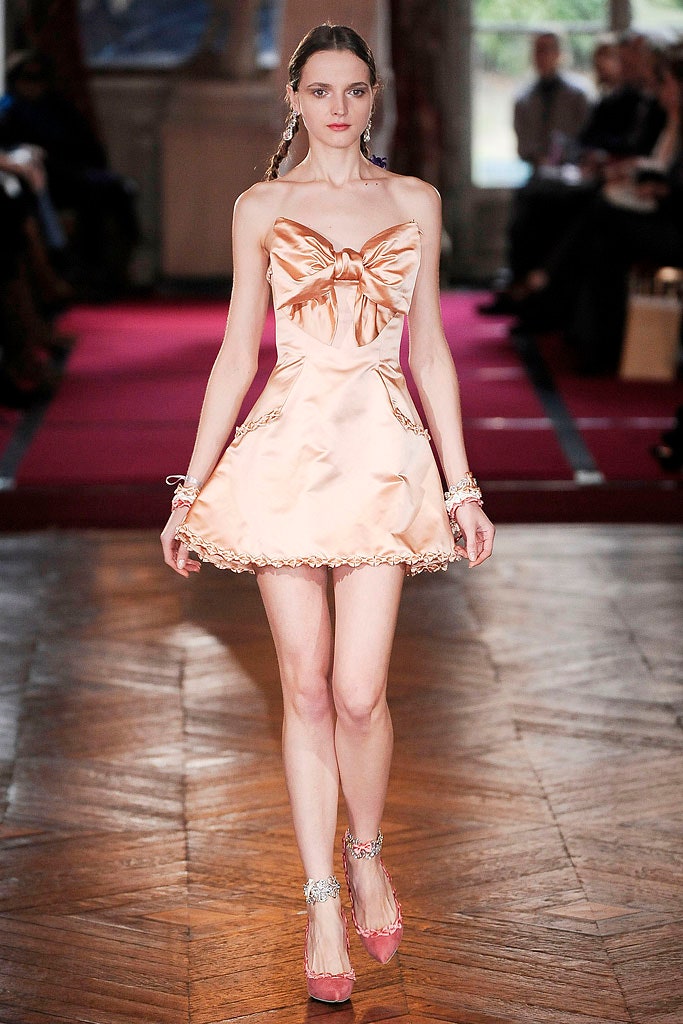 pink silk sleeveless strapless fitted a-line ruffled dress