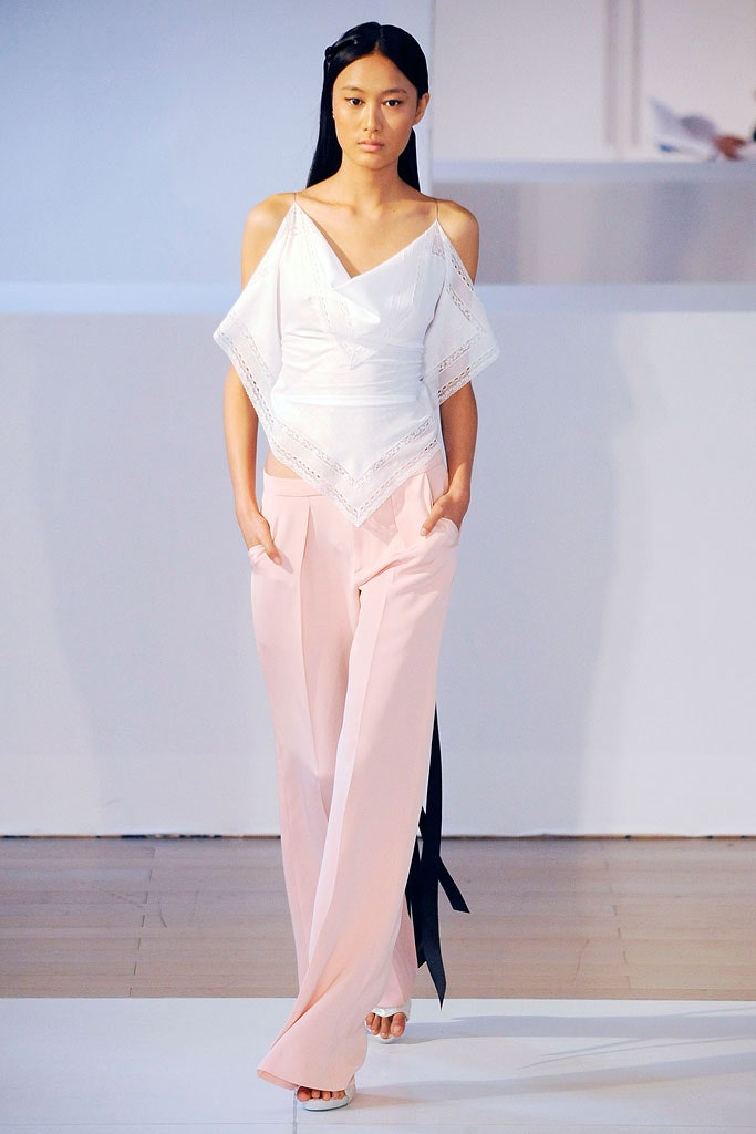 pink silk fitted straight-leg pants