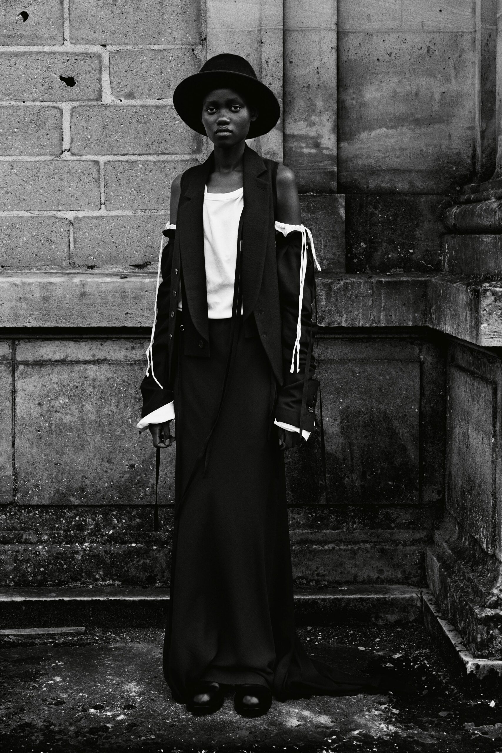 black maxi dress with structured jacket