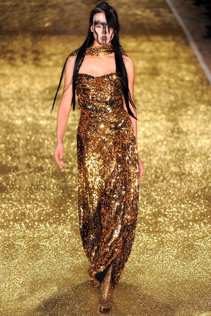 gold sequin off-shoulder gown