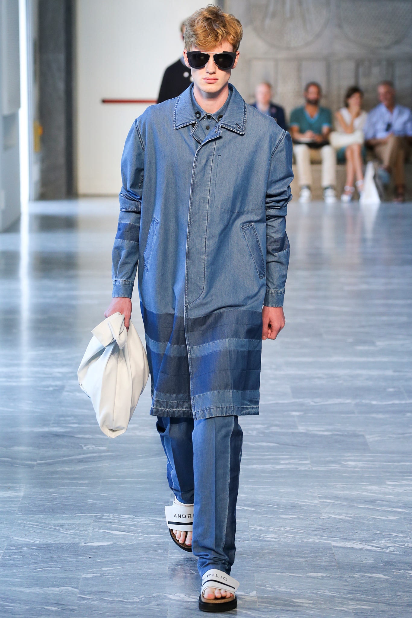 blue denim long-sleeve collared relaxed buttoned layered coat