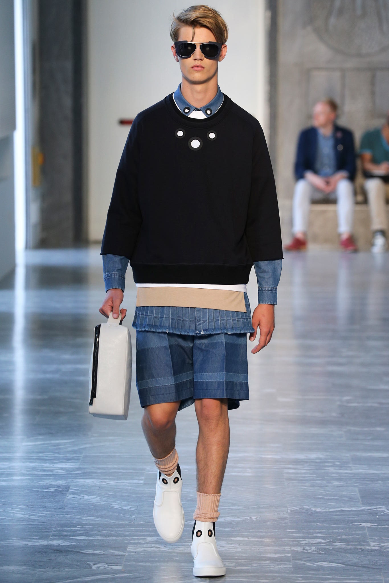 black sweater blue denim shirt