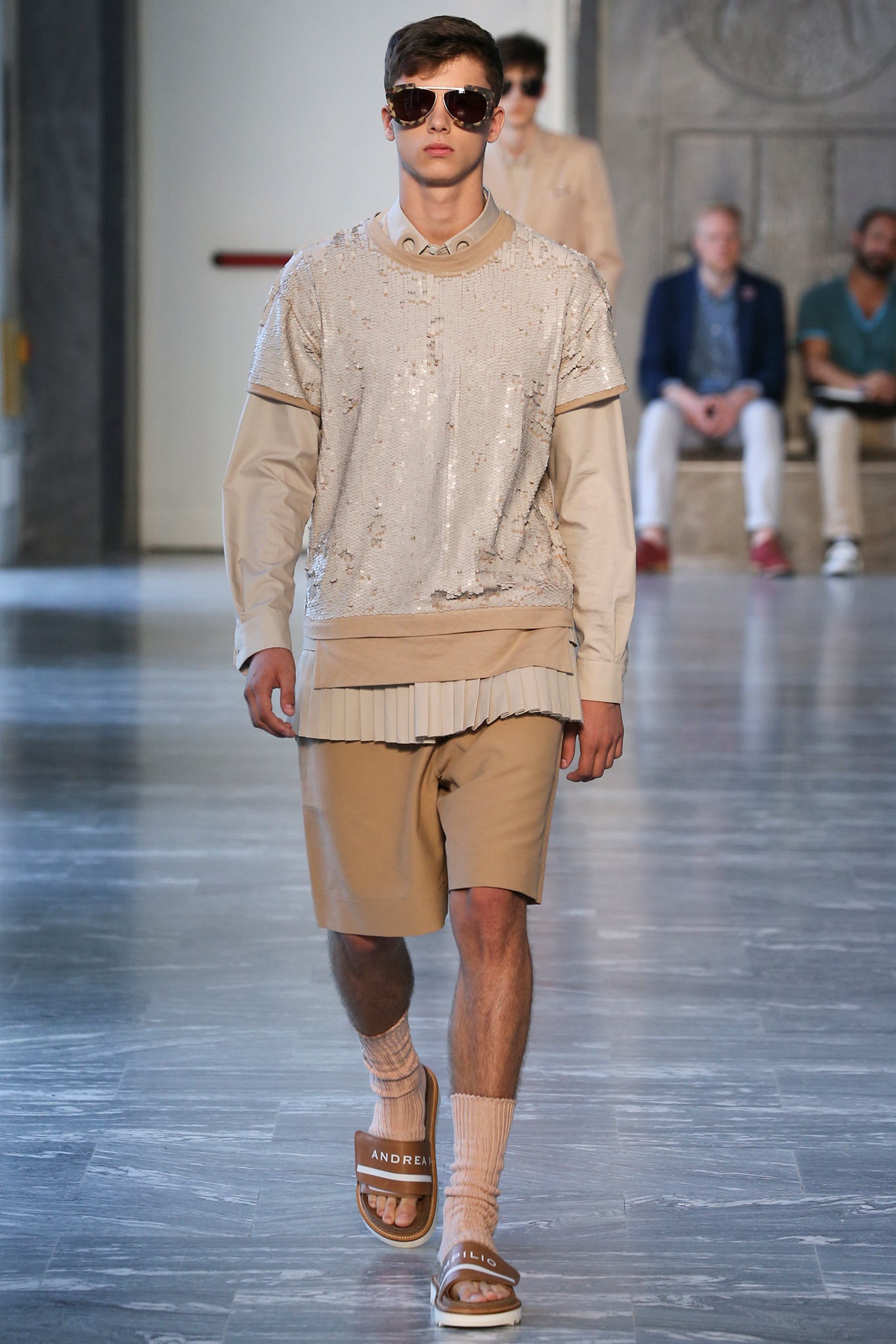 beige sequined top with shorts