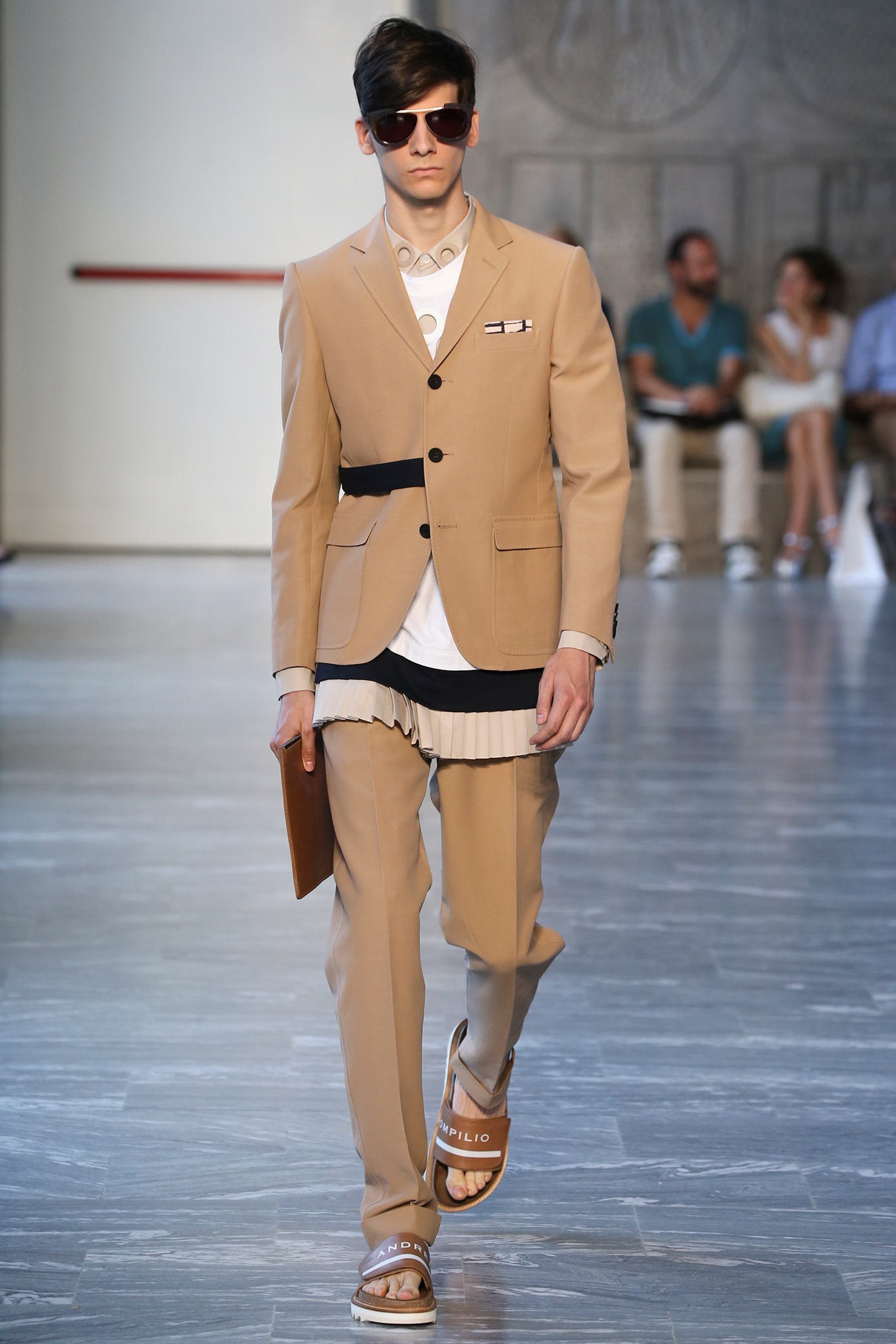 beige tailored suit with white shirt