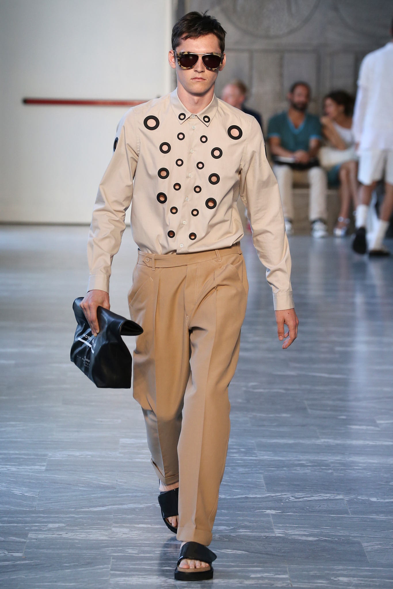 beige relaxed shirt with tan pants