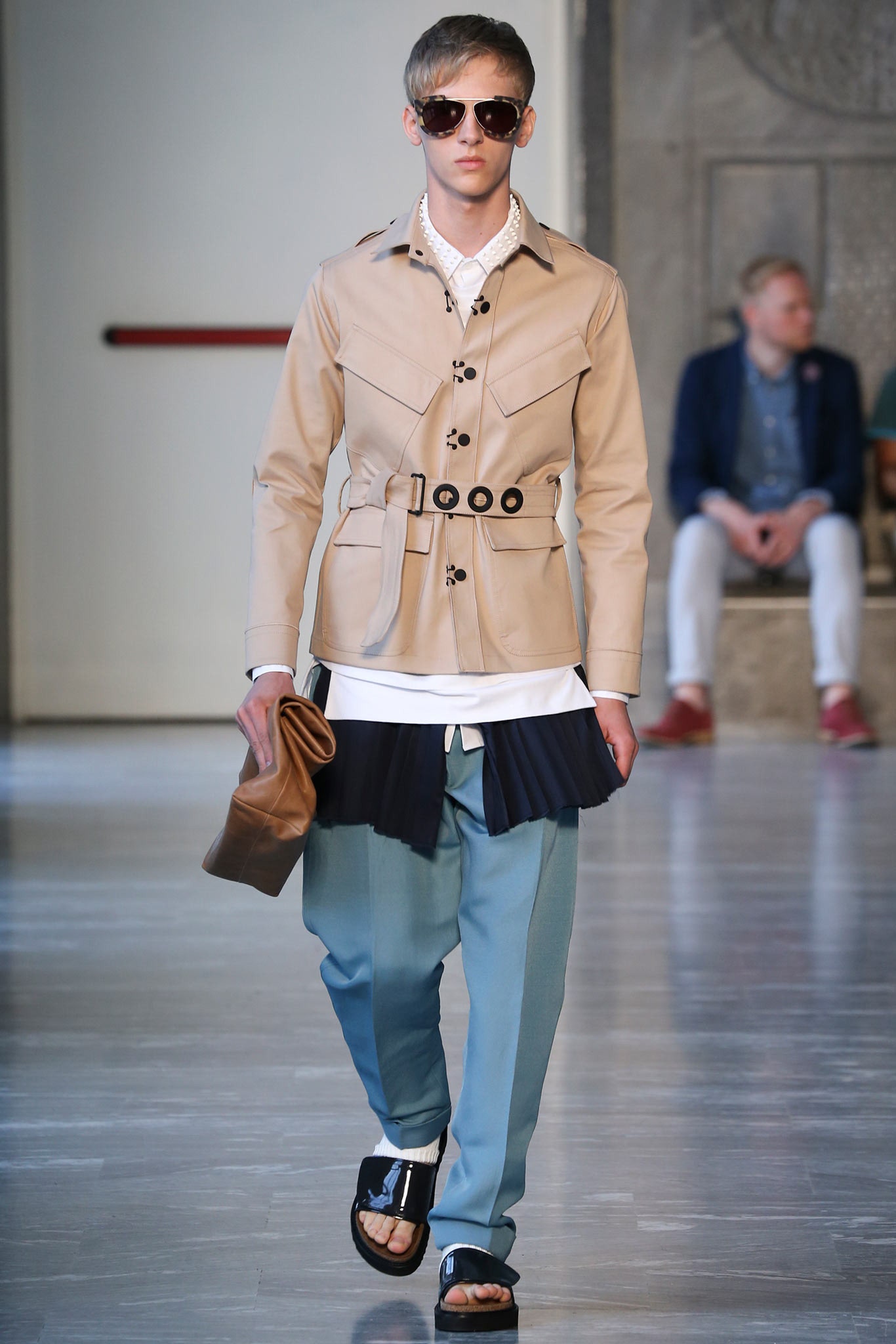 beige cotton long-sleeve collared tailored belted jacket